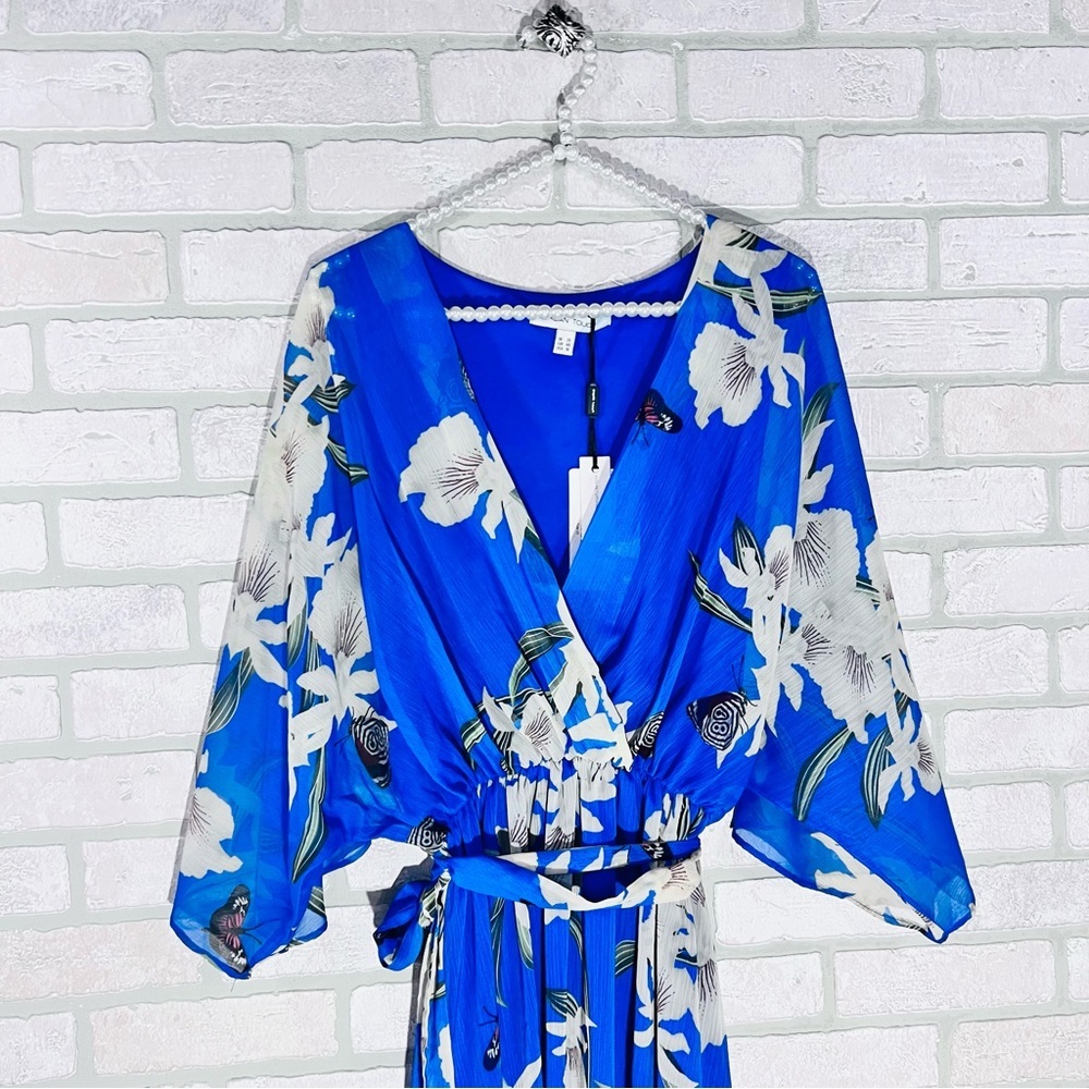 Urban Touch NWT Yumi Blue Floral Print Kimono Midi Wrap Dress Size 18 - Picture 5 of 11